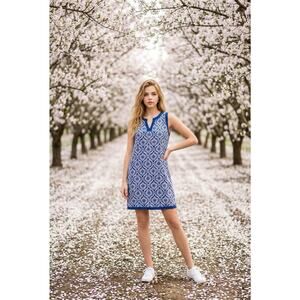 Sigrid Olsen MED Women's Blue & White 100% Linen V Neck Sleeveless Dress XL